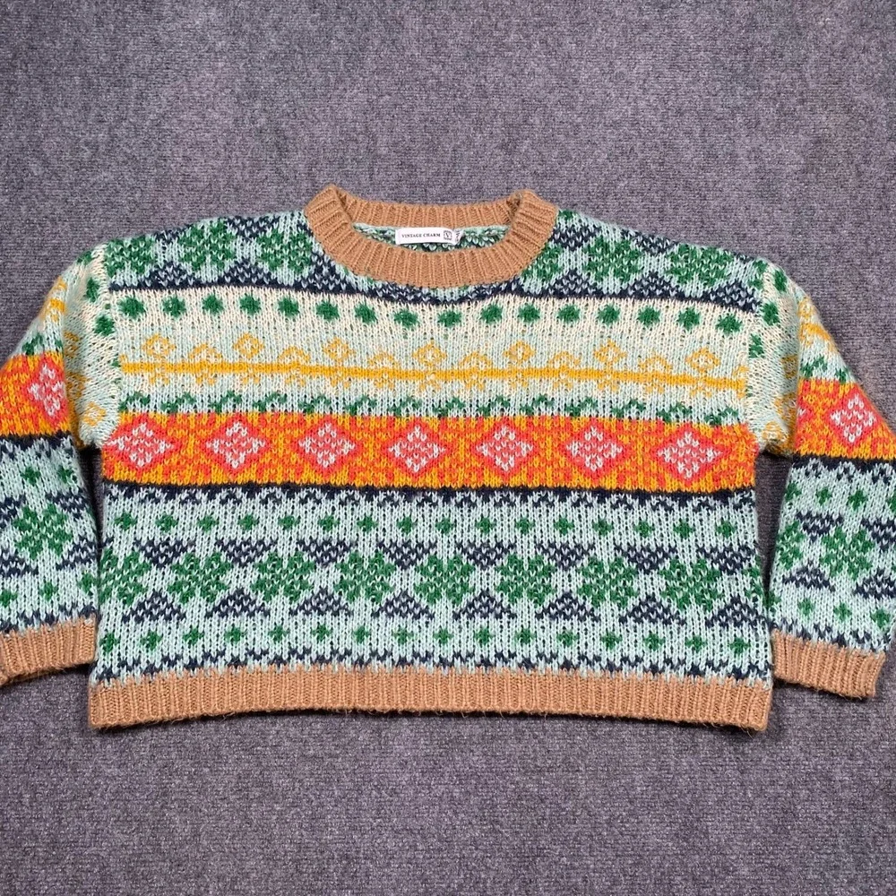 Vintage Charm Fair Isle Sweater Men Size S M Green Orange Geometric Knit‎